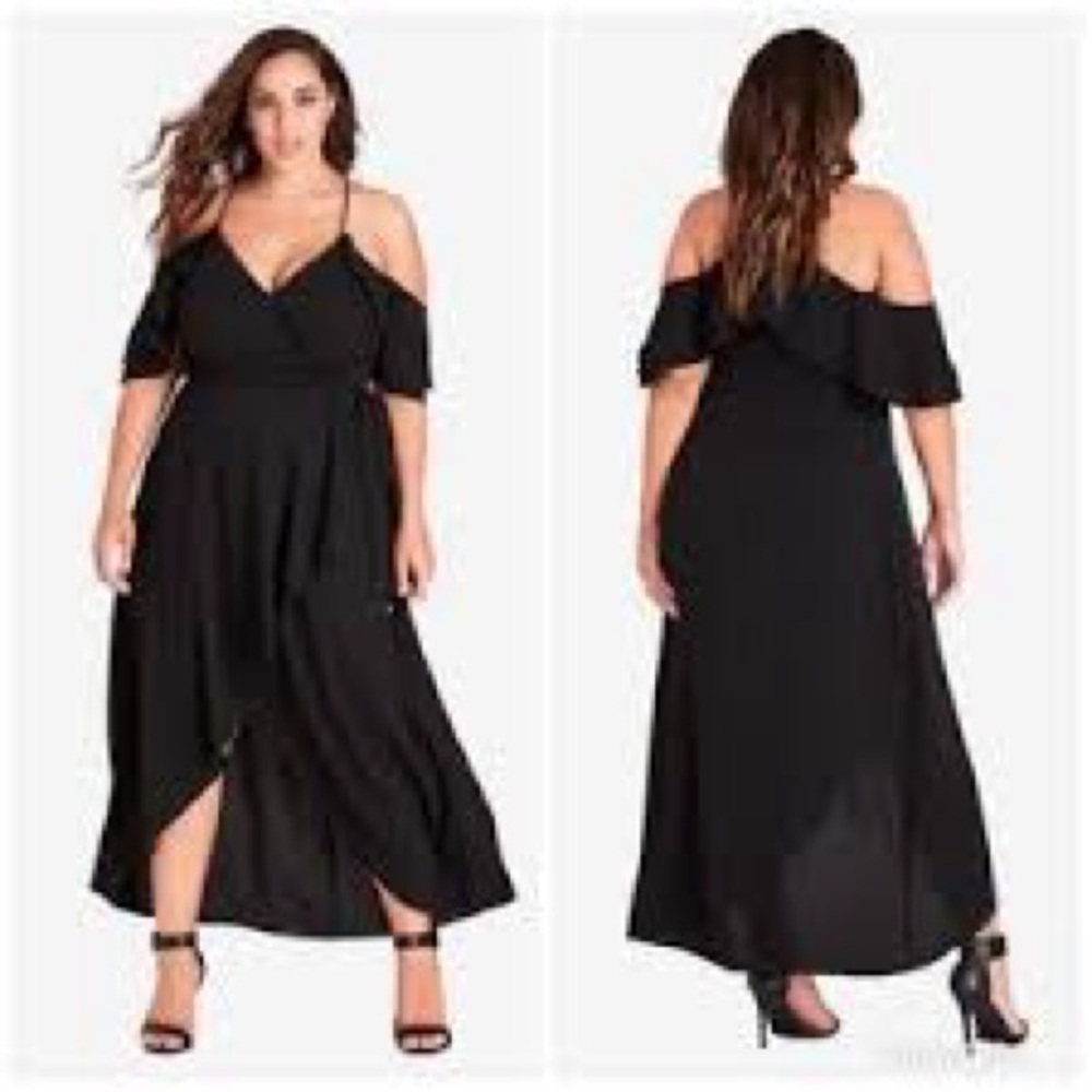 City Chic Black Cold-Shoulder V-Neck Midi Dress